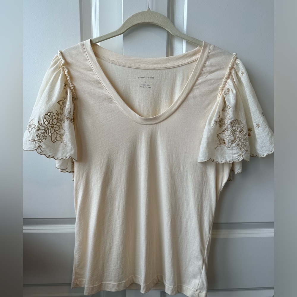 Anthropologie women’s sz.XL 100% cotton pullover top flutter sleeveless lace tan
